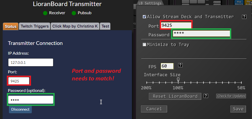 Transmitter Connection Settings